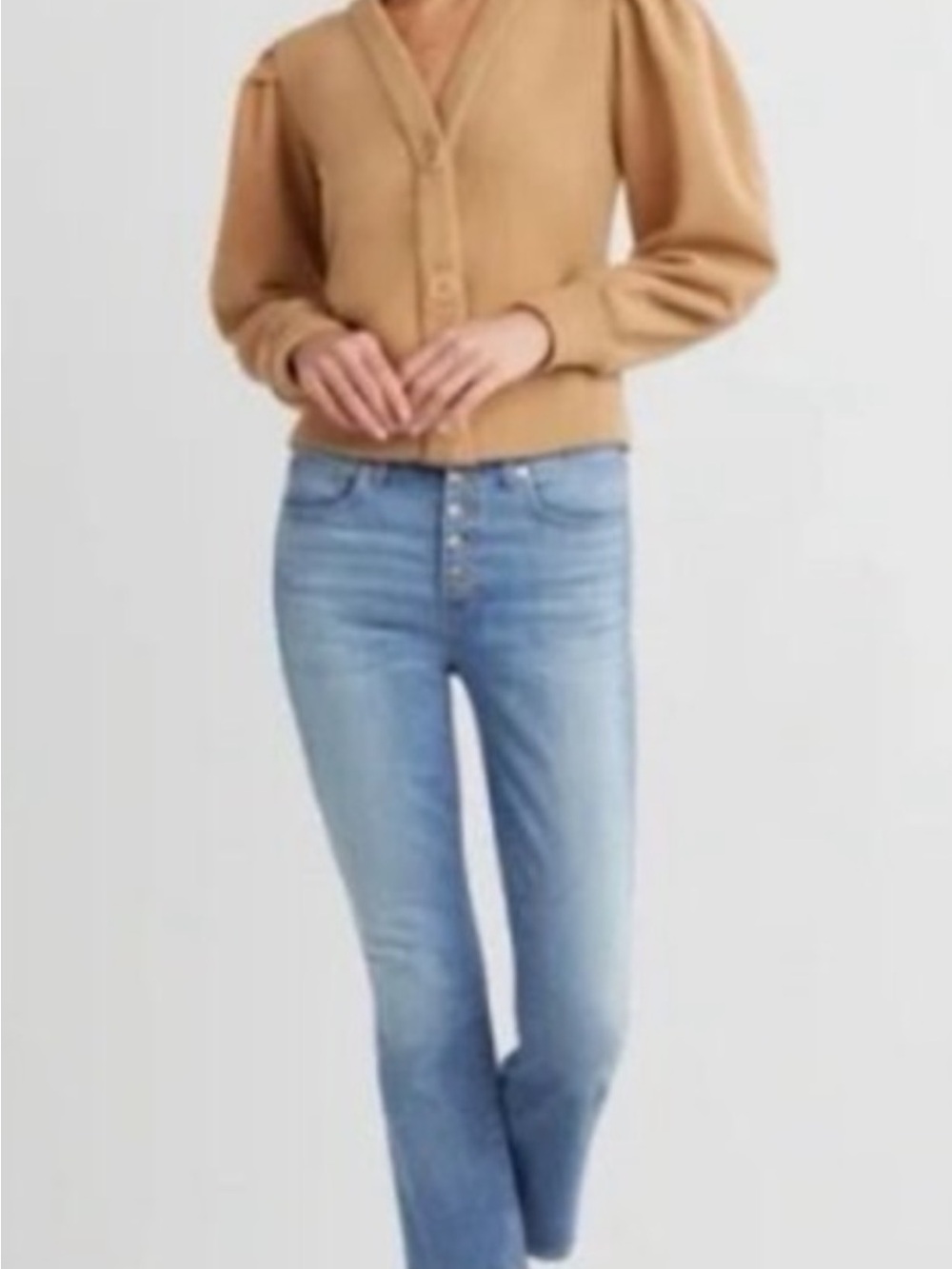 Dudley Stephens Kelly puff sleeve camel V-Neck Button Cardigan Sweater - Picture 2 of 5